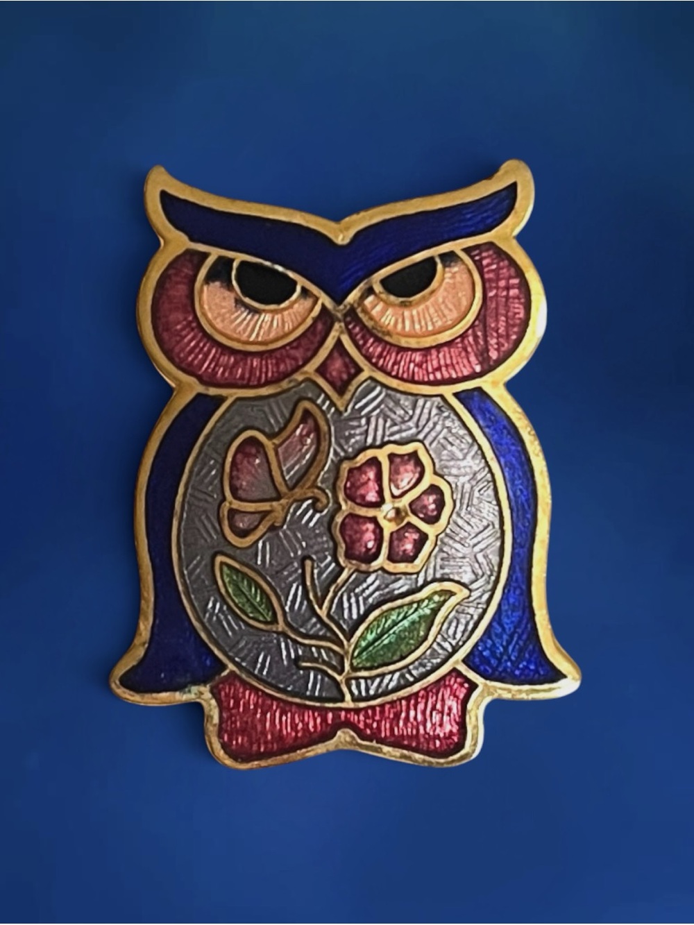 Vintage Cloisonne’ Owl Brooch Pin Gold Tone Metal Floral Enamel Bird Jewelry